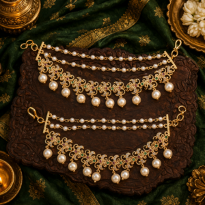 Elegant Kundan Ear Chain (Mattal) with Pearl Drops and Dual Chain Design