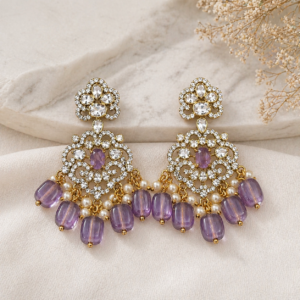 Elegant Kundan Jhumka Earrings with Lavender Bead Drops