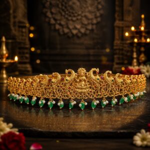 Lakshmi Peacock Temple Hip Belt with Emerald Bead Danglers