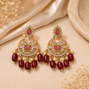 Regal Ruby Stone Pearl Chandbali Jhumka