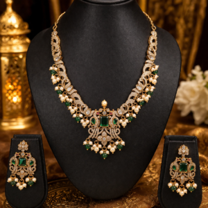 Royal Emerald Green Kundan Necklace Set with Pearl and Bead Drops