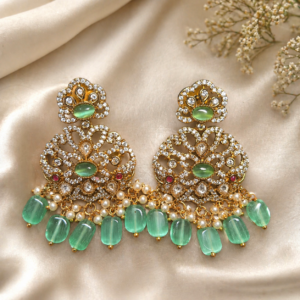 Royal Green Stone Kundan Jhumka Earrings with Pearl and Bead Drops