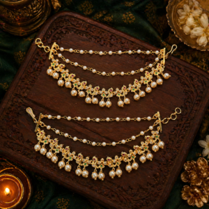 Traditional Kundan Ear Chain (Mattal) with Pearl Drops