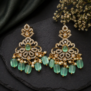 Traditional Kundan Jhumka Earrings with Green Bead Drops