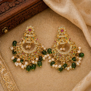 Traditional Temple Style Kundan Jhumka Earrings with Green Beads and Pearls
