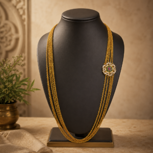 Traditional Multi-Layer Chandraharam Necklace with Floral Stone Brooch