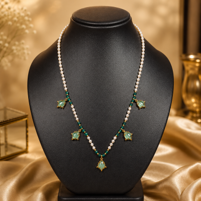 Elegant Pearl & Green Beads Chain Locket Set