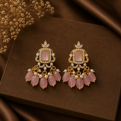 Elegant Pink Beads Pearl Jhumka