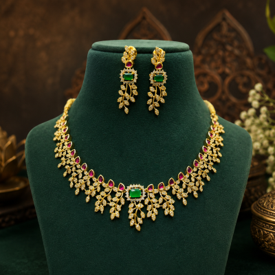 Emerald Radiance Floral Statement Necklace Set