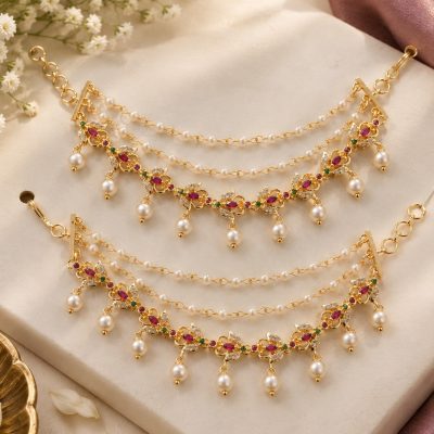 Gold Butterfly Ruby Green Pearl Ear Chain