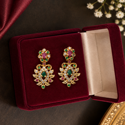 Gold-Tone Emerald Ruby Floral Drop Earrings