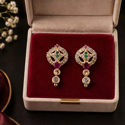 Gold-Tone Green Center Ruby Drop Crystal Earrings
