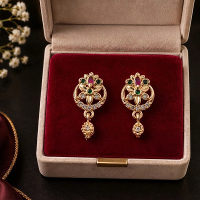 Gold-Tone Lotus Circle Green Ruby Hanging Earrings