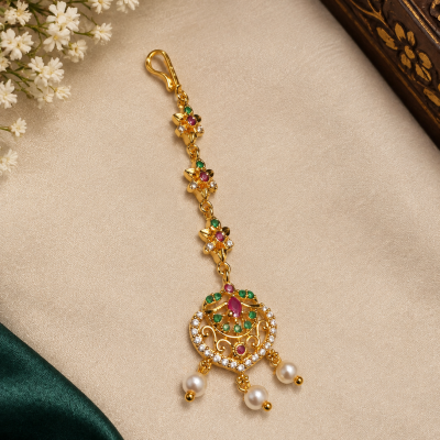 Gold-Tone Ruby Green Floral Motif Pearl Maang Tikka