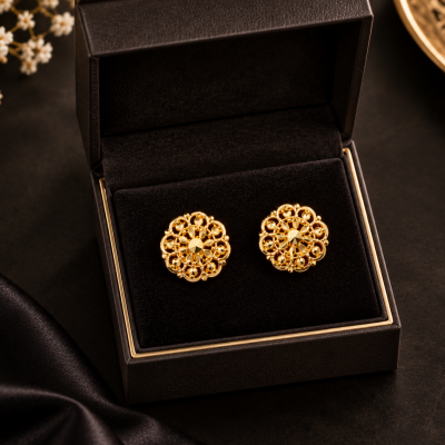 Golden Filigree Medallion Round Stud Earrings