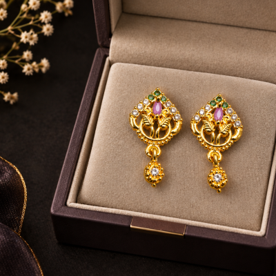 Golden Lotus Motif Pink Stone Crystal Drop Earrings