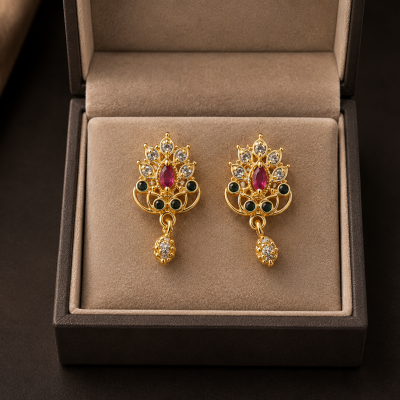 Golden Peacock Leaf Ruby Emerald Crystal Drop Earrings