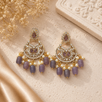 Lavender Crystal Pearl Chandbali Jhumka