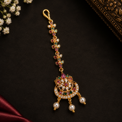 Multicolor Floral Gold-Tone Pearl Drop Maang Tikka