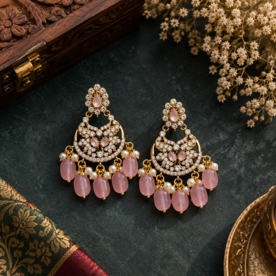 Royal Pink Crystal Pearl Drop Jhumka