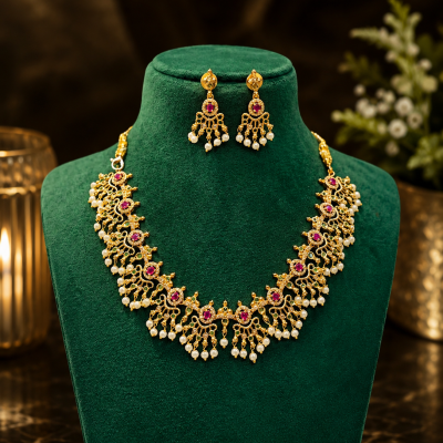 Ruby Pearl Vine Statement Jewellery Set