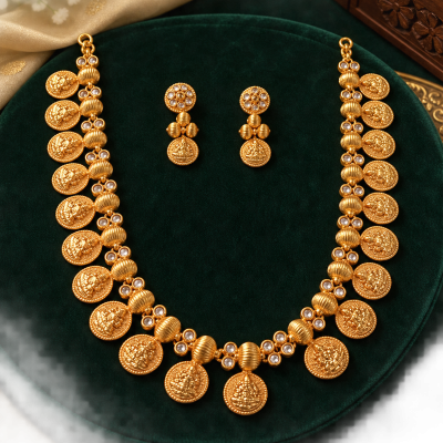 Traditional Gold Coin Necklace Set on Emerald Velvet